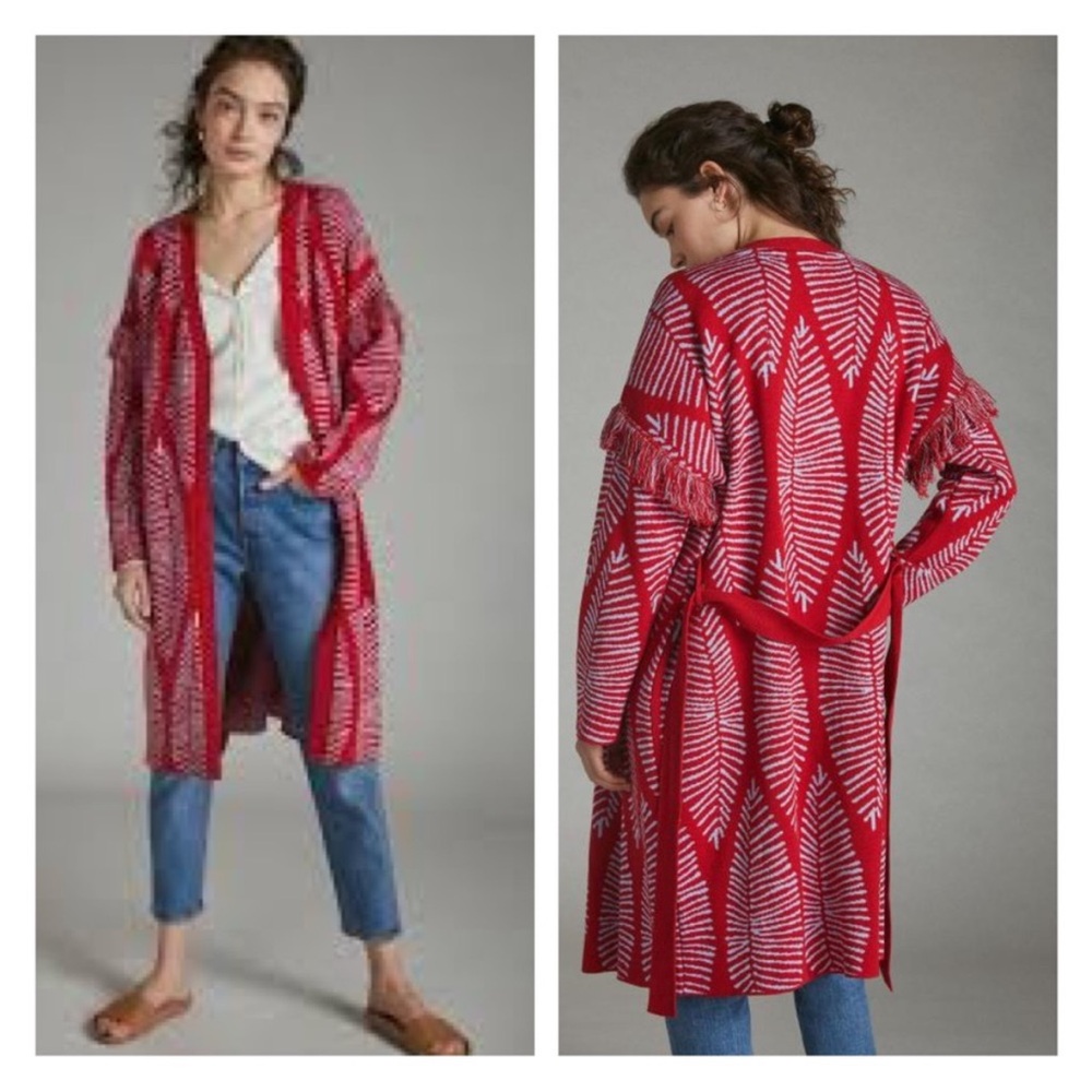 Anthropologie Valentina Fringe Cardigan Sweater Size Medium Aldomartins Red